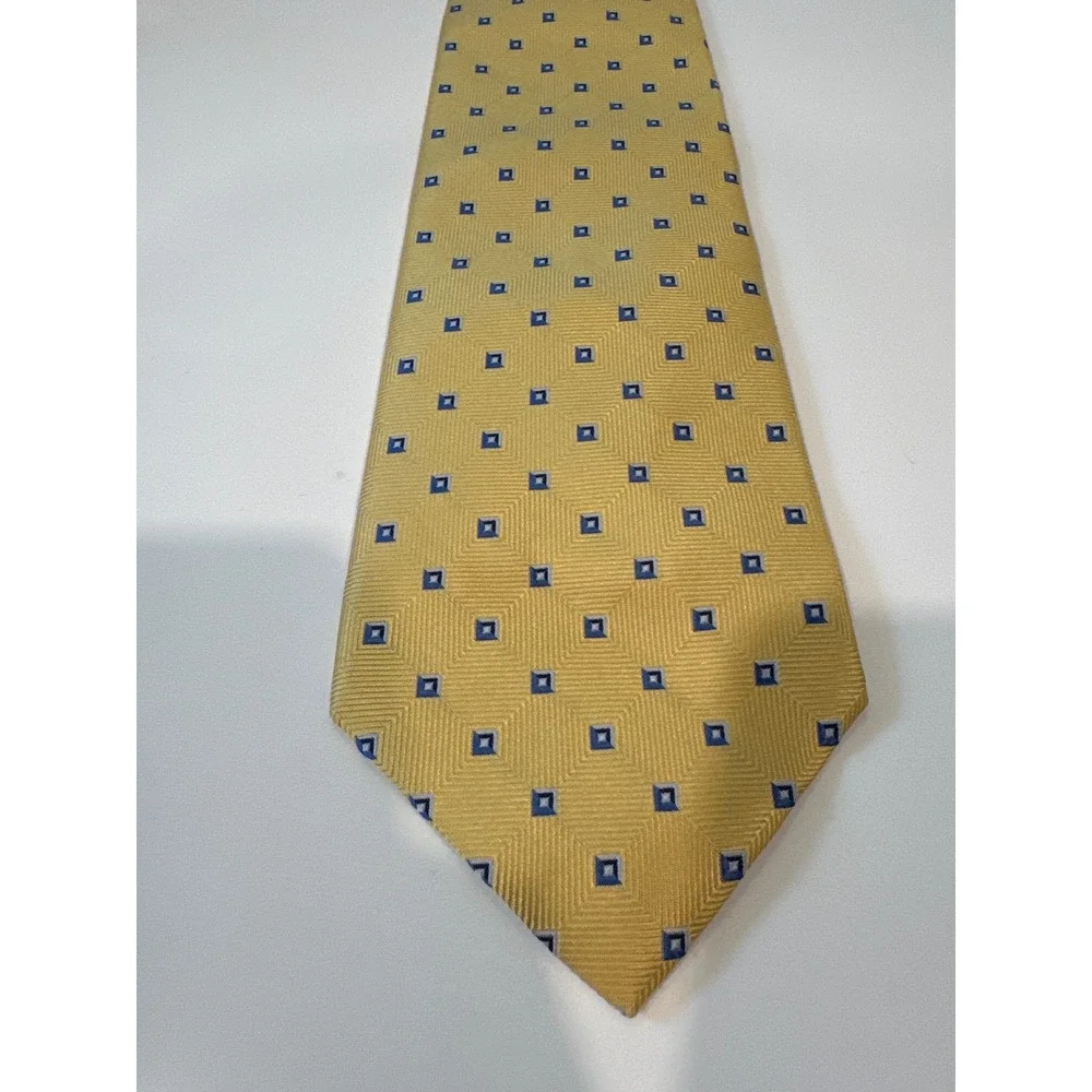 Brooks Brothers 346 Mens Silk Tie Yellow Blue Geometric Square Stain Resistant